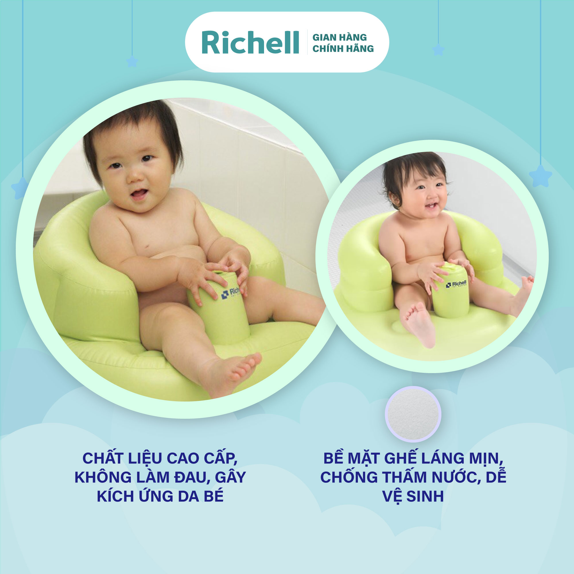 Ghế hơi tập ngồi Richell Nhật Bản cho bé từ 7 tháng tuổi không cần dụng cụ bơm
